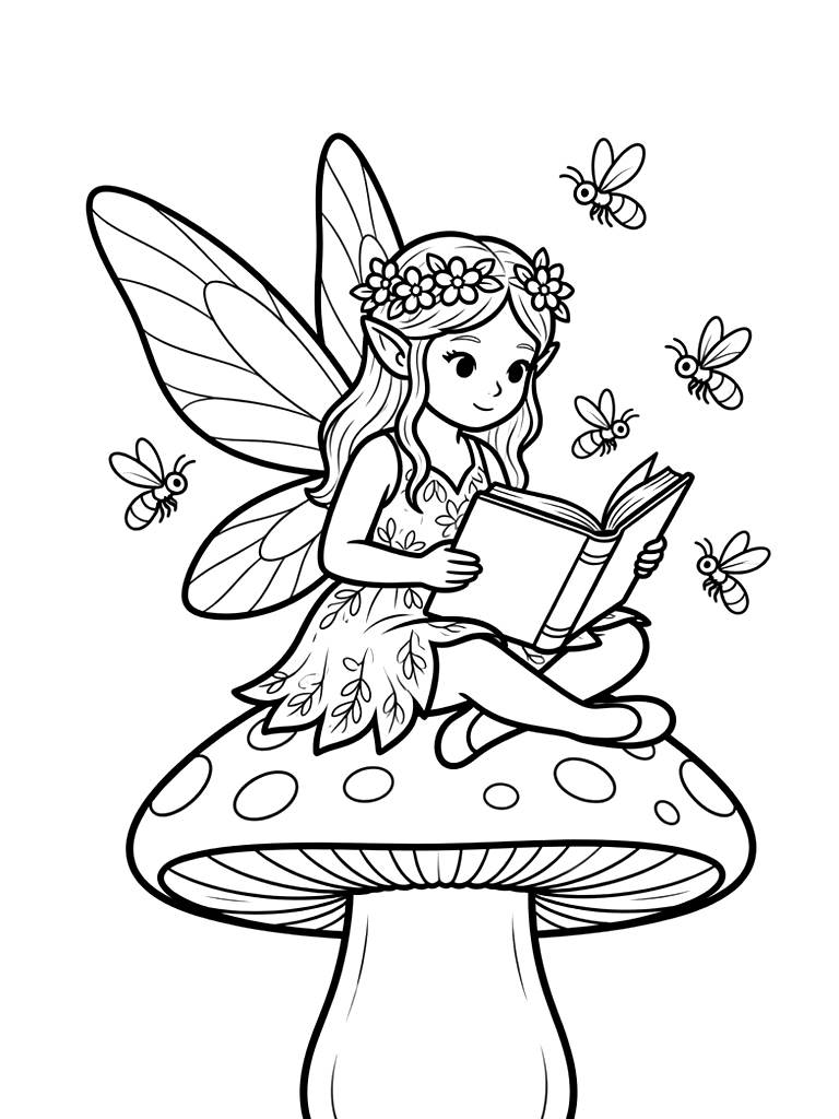 Fairy Sitting On A Spotted Toadstool Reading A Book By Firefly Light Coloring Page — free printable for kids and adults