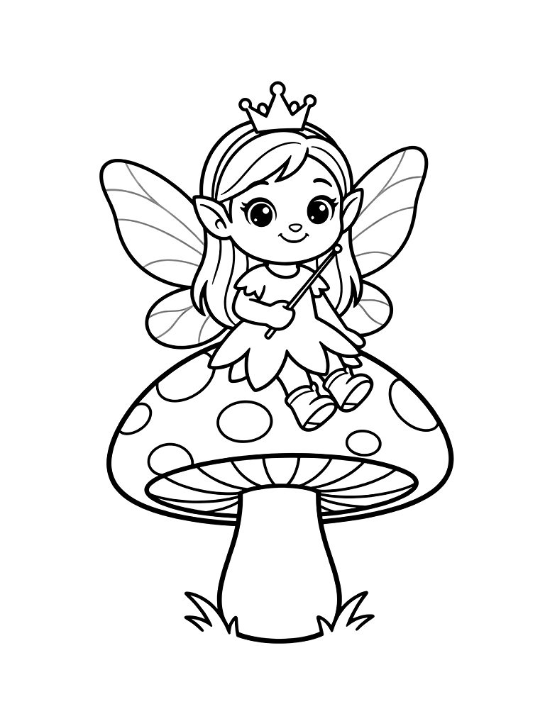 Fairy Sitting On Red Toadstool Coloring Page