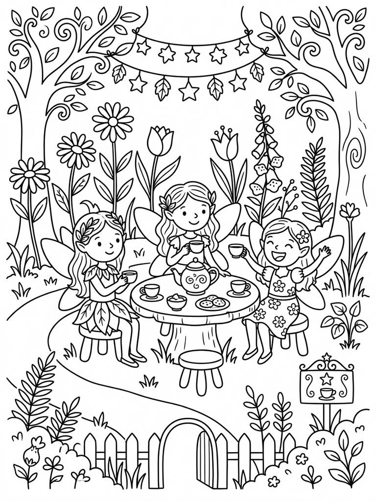 Fairy Tea Party In Enchanted Garden Coloring Page