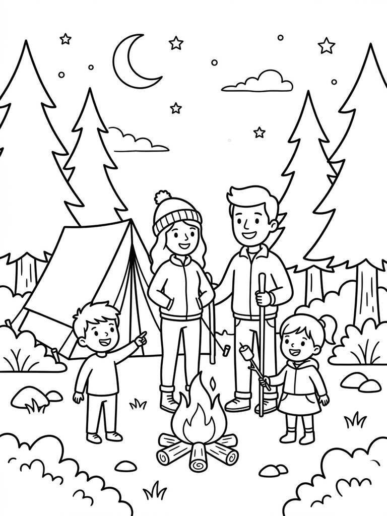 Family Camping In A Forest With A Tent And Campfire Coloring Page