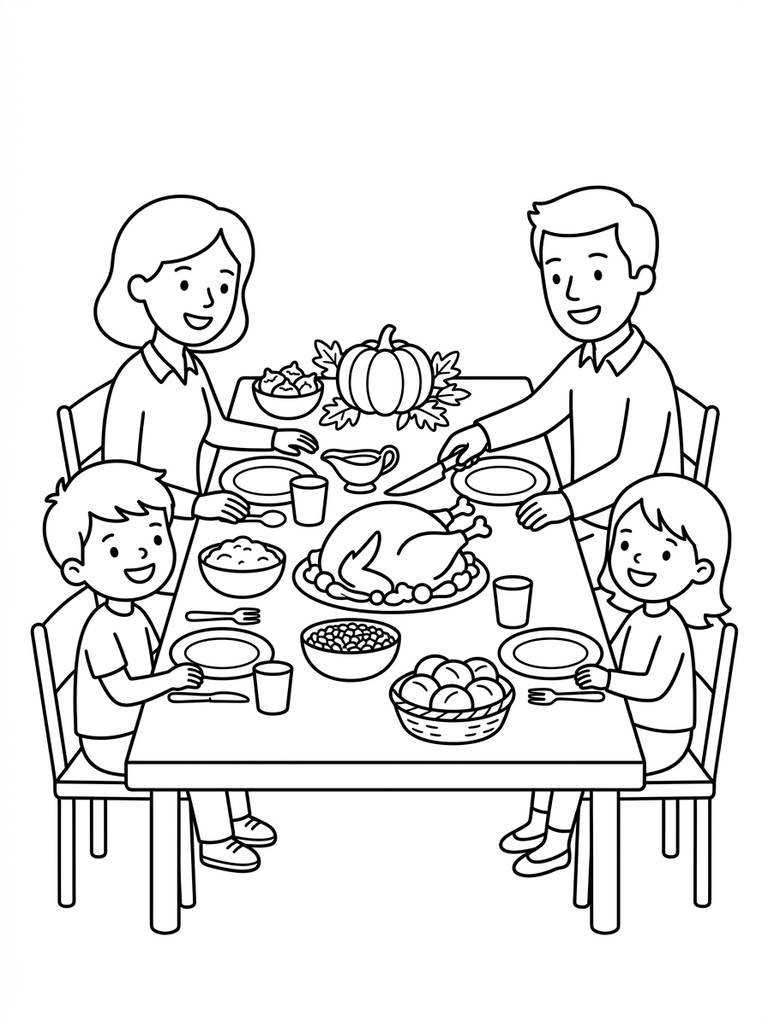 Family Gathered Around A Thanksgiving Dinner Table Coloring Page