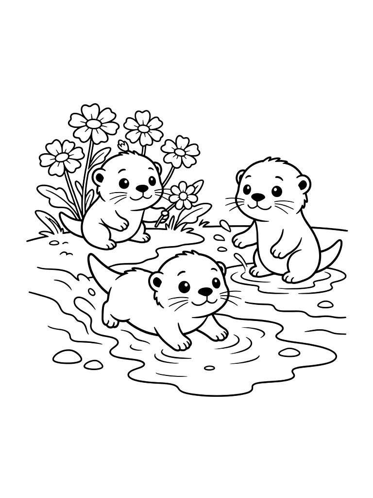 Family Of Baby River Otters Playing On A Muddy Bank With Blooming Marsh Marigolds Coloring Page — free printable for kids and adults