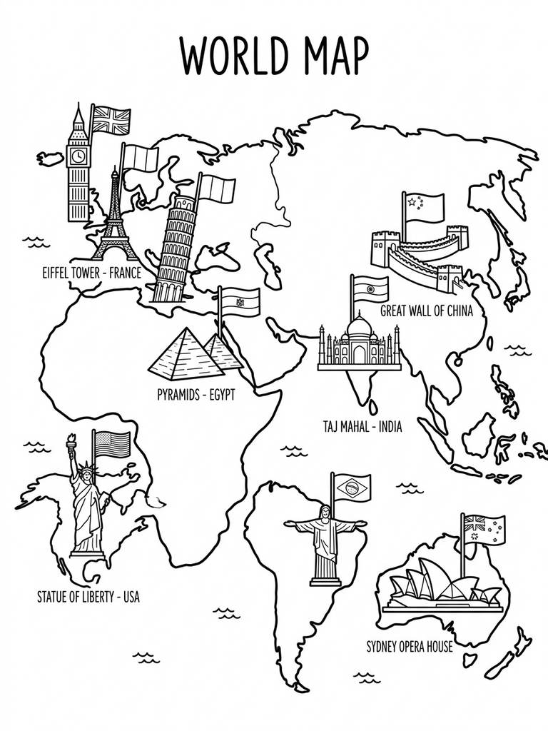 Famous Landmarks On World Map With Flags coloring page — free printable for kids and adults