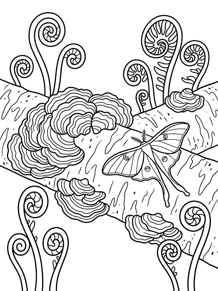 Fan-Shaped Turkey Tail Mushrooms Growing On A Fallen Birch Log Surrounded By Unfurling Fiddlehead Ferns And A Resting Luna Moth coloring page — free printable for kids and adults