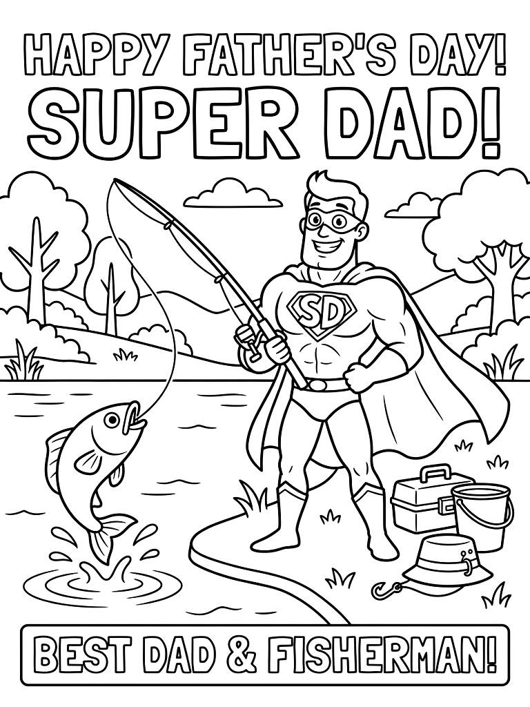 Father's Day Super Dad & Fishing Scenes coloring page — free printable for kids and adults