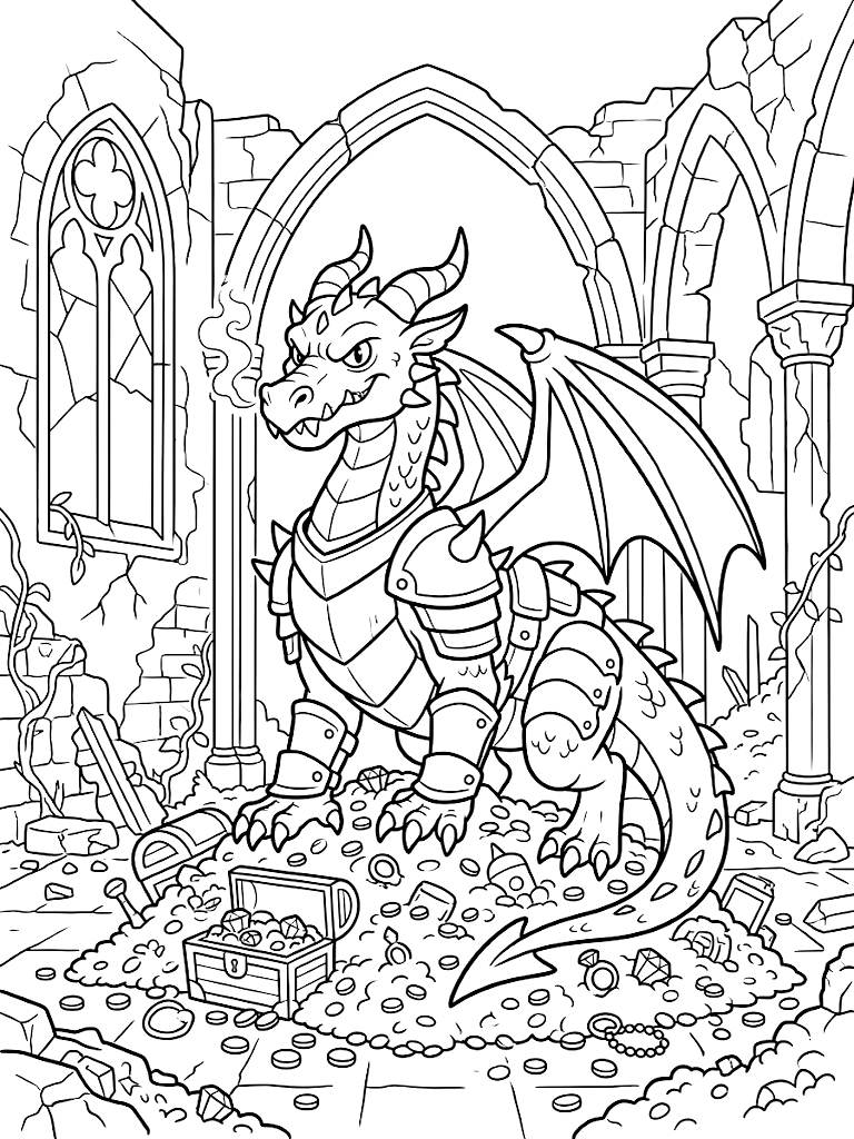 Fearsome Armored Dragon Fiercely Guarding A Massive Glittering Treasure Hoard Piled High Inside An Ancient Ruined Cathedral coloring page — free printable for kids and adults