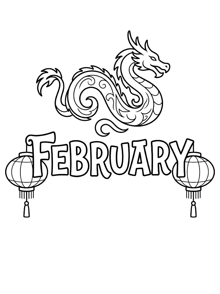 February Lettering Illuminated By Glowing Traditional Chinese Paper Lanterns And A Beautiful Curling Dragon Silhouette coloring page — free printable for kids and adults