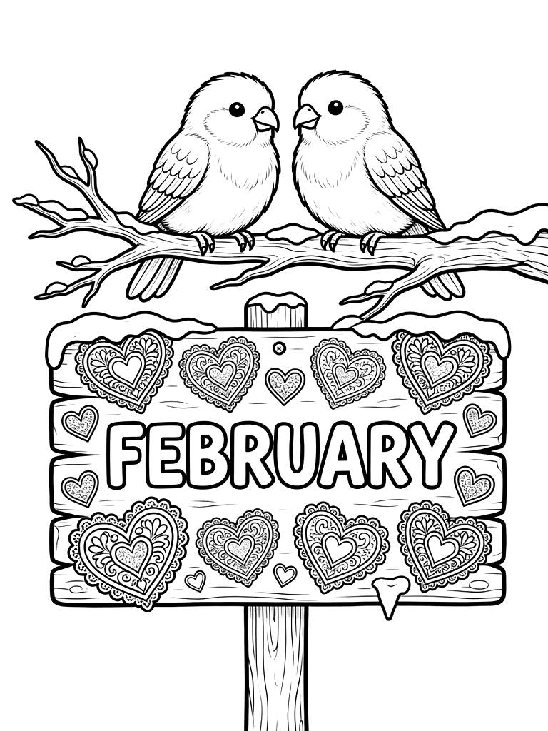 February Sign Decorated With Intricate Lace Hearts And A Pair Of Lovebirds On A Snowy Branch Coloring Page