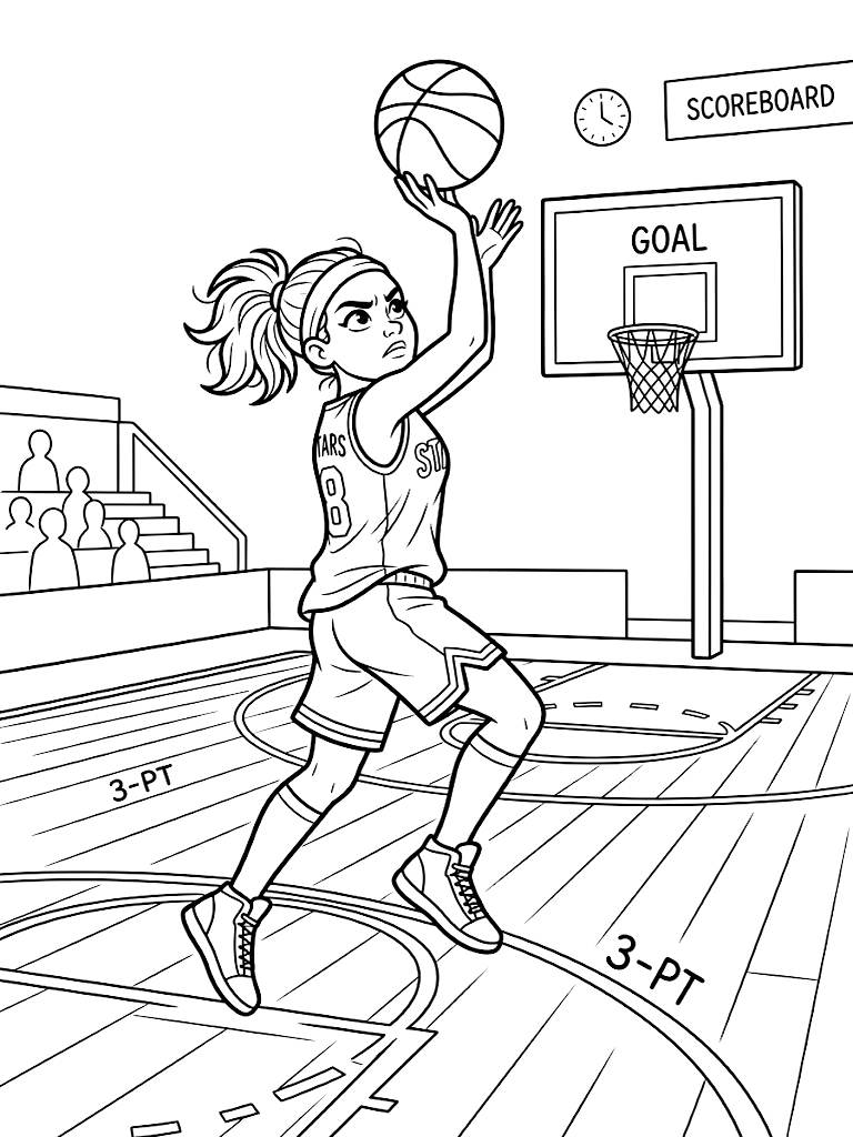 Female Basketball Player Executing A Flawless Step-Back Three-Point Jump Shot With Intense Focus On A Professional Hardwood Court coloring page — free printable for kids and adults