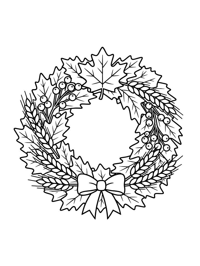 Festive Thanksgiving Wreath With Wheat Ears Coloring Page