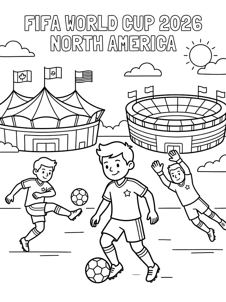 FIFA World Cup 2026 North America Stadiums And Players Coloring Page