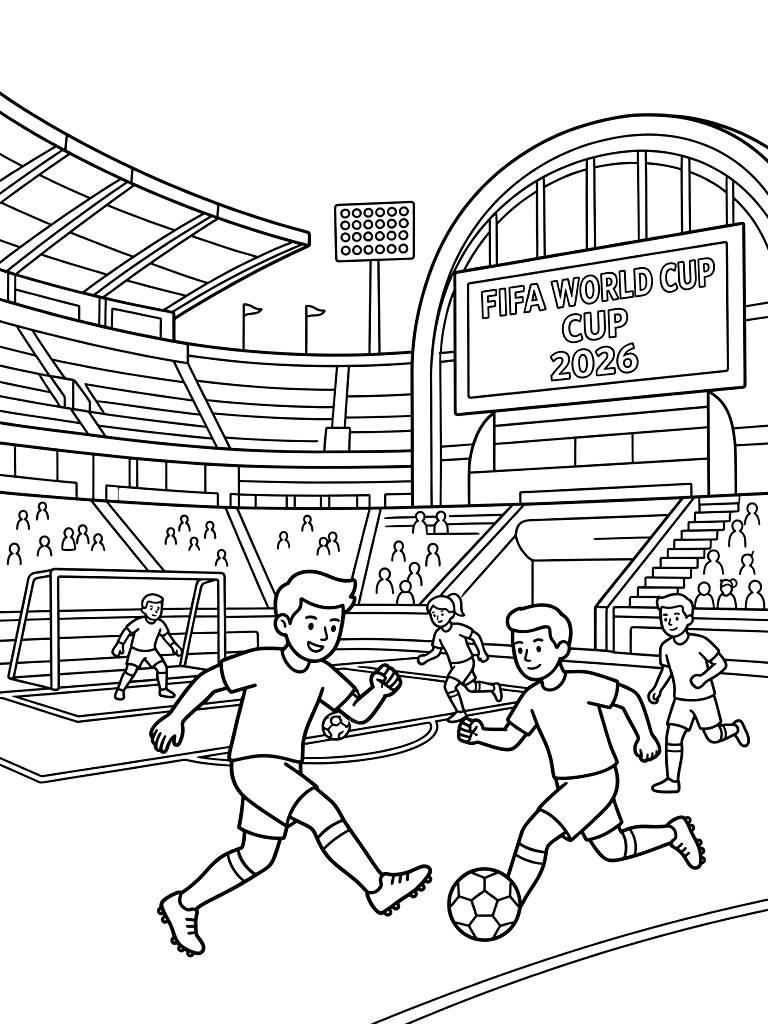 FIFA World Cup 2026 Stadiums And Soccer Action coloring page — free printable for kids and adults