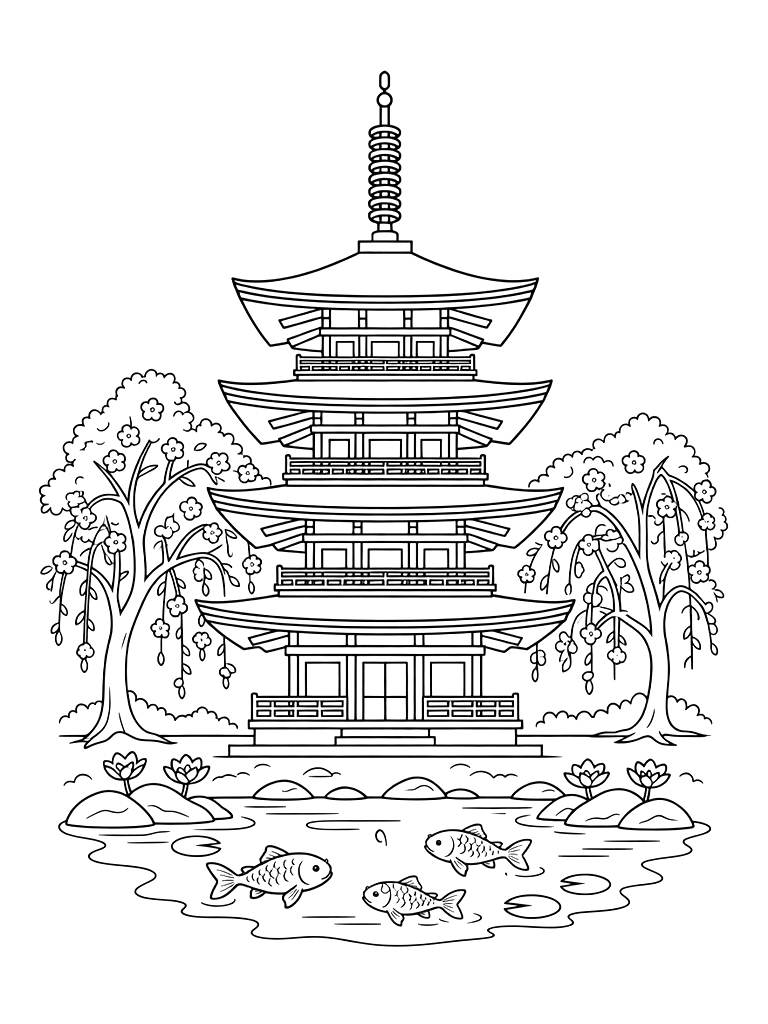 Five-story Pagoda Framed By Weeping Cherry Blossoms And A Koi Pond Coloring Page — free printable for kids and adults