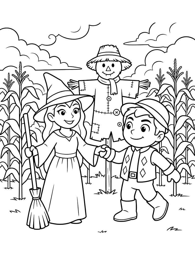 Fiyero And Elphaba In The Cornfield Scene With The Scarecrow And Dramatic Clouds Coloring Page — free printable for kids and adults