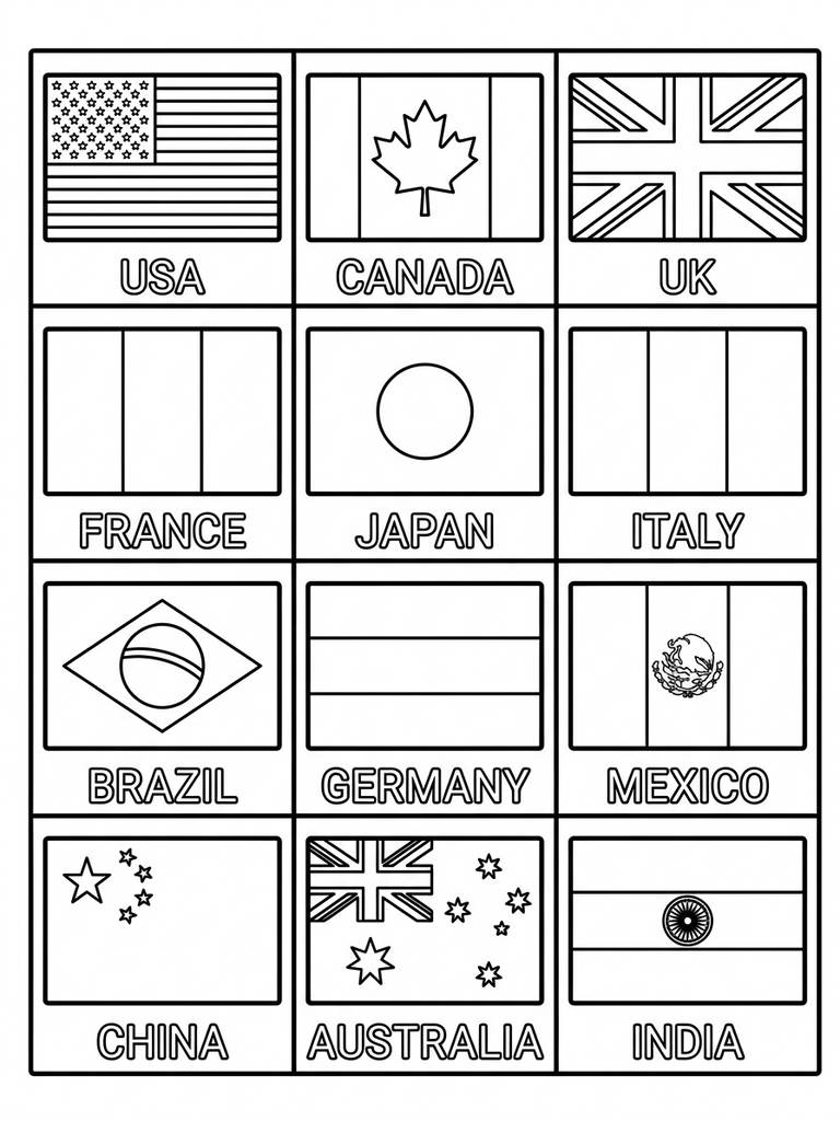 Flags Of The World Grid Coloring Page — free printable for kids and adults