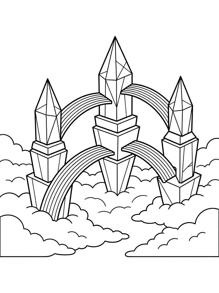 Floating Crystal Towers Connected By Rainbow Bridges Over A Sea Of Glowing Clouds Coloring Page
