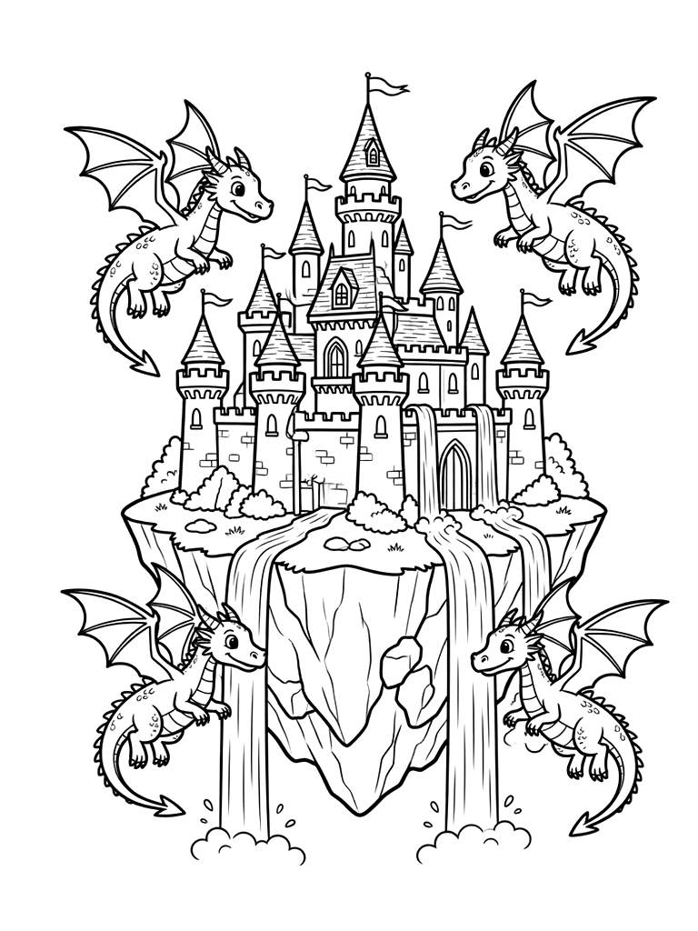 Floating Island Castle With Cascading Waterfalls And Soaring Dragons Coloring Page — free printable for kids and adults
