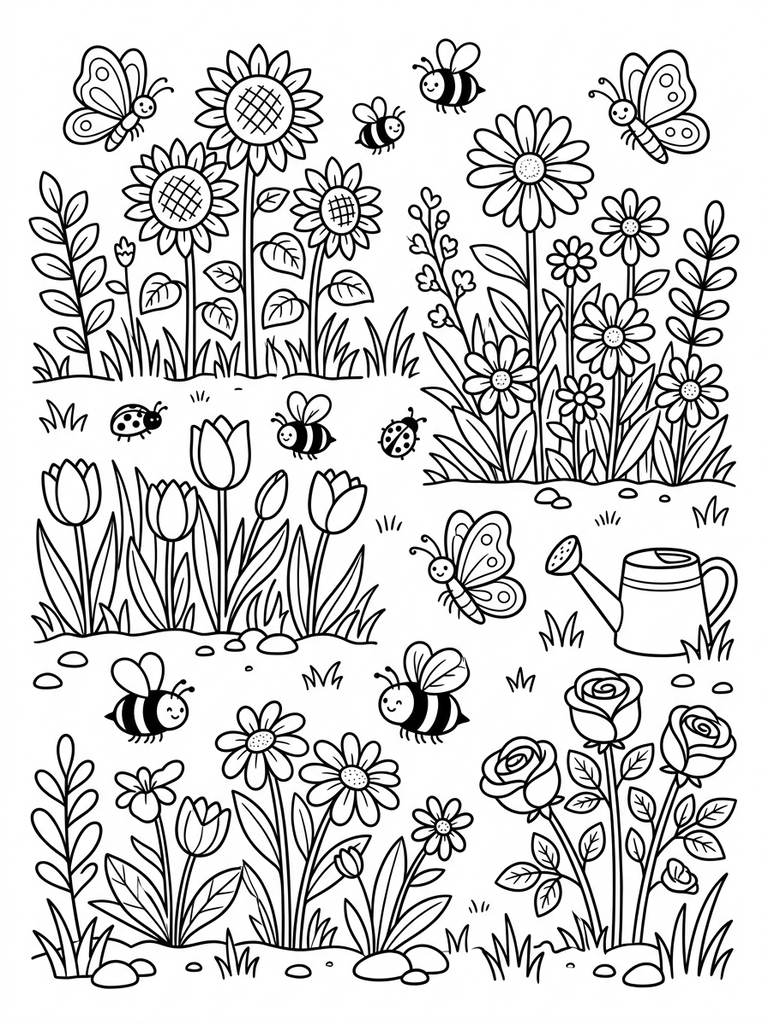 Flower Garden With Butterflies & Bees Coloring Page
