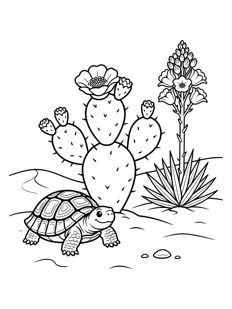 Flowering Prickly Pear Cactus In A Desert Landscape With A Desert Tortoise And A Blooming Yucca Plant Coloring Page