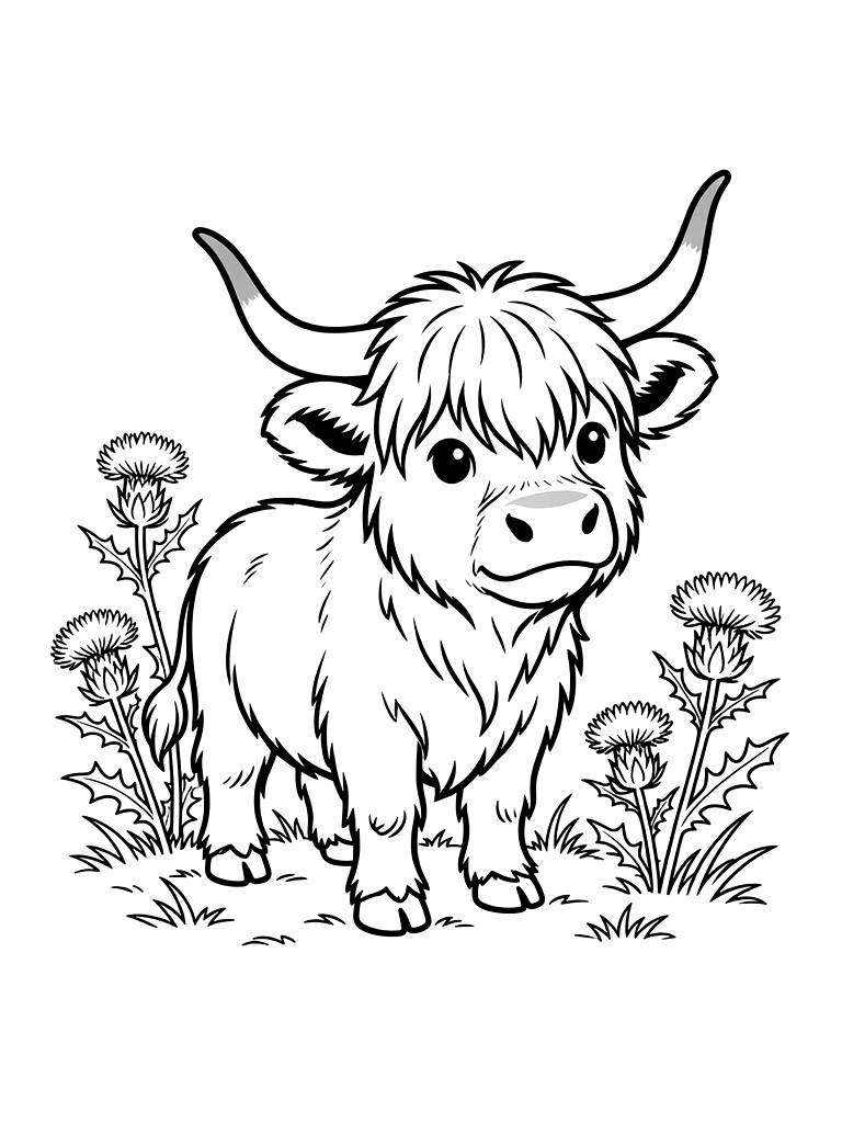 Fluffy Highland Cow With Long Horns And Shaggy Hair Standing In A Misty Field Of Purple Thistles Coloring Page