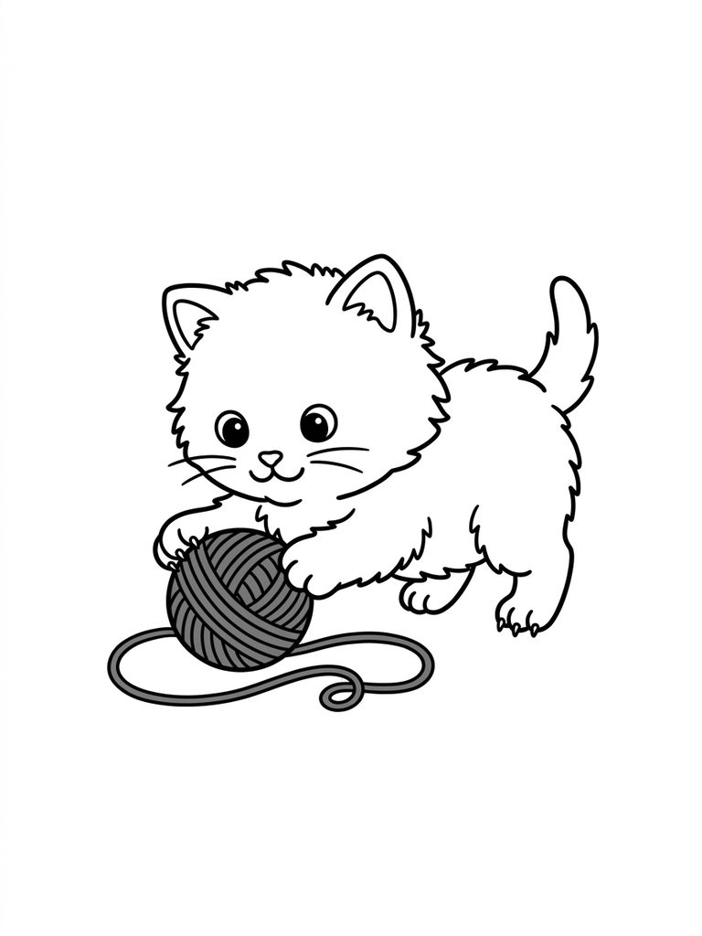 Fluffy Kitten, Playing With A Ball Of Yarn Coloring Page