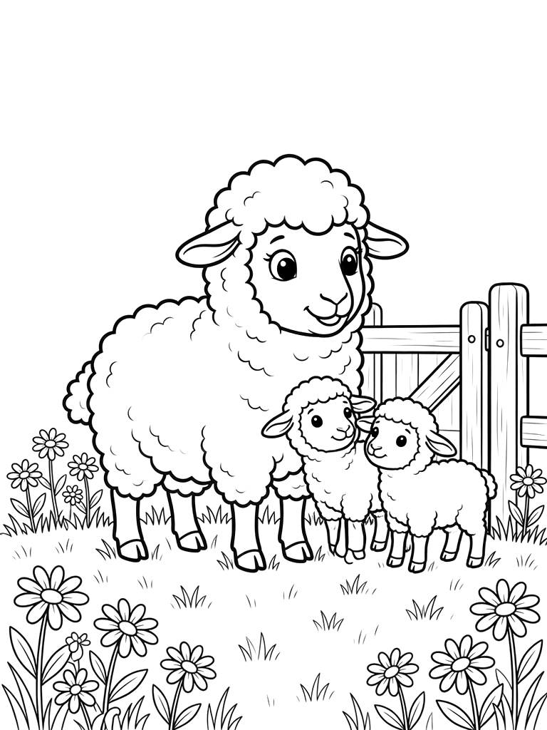 Fluffy Mother Sheep And Her Two Lambs Standing By A Wooden Gate In A Field Of Daisies Coloring Page