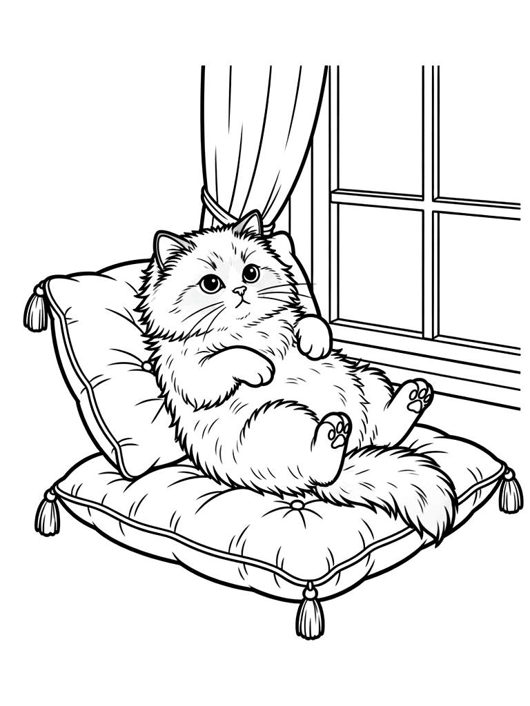 Fluffy Ragdoll Cat Lounging On A Velvet Cushion By A Window Coloring Page — free printable for kids and adults