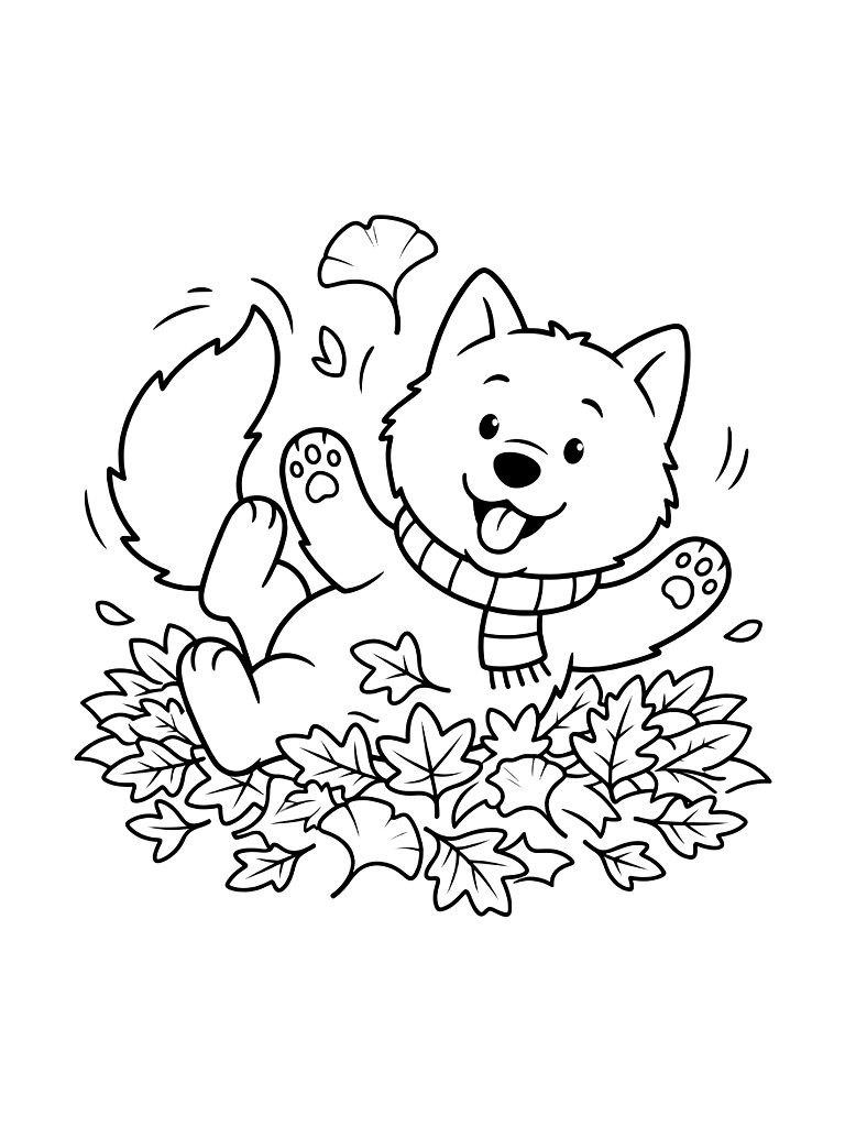 Fluffy Samoyed Dog Playing In A Pile Of Fallen Autumn Leaves With A Wagging Tail coloring page — free printable for kids and adults