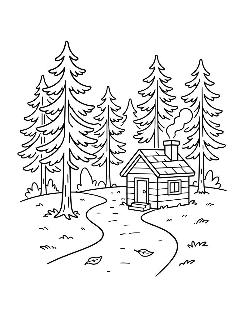 Forest Trail With Golden Larch Trees And A Small Cabin With A Wisp Of Smoke Coloring Page