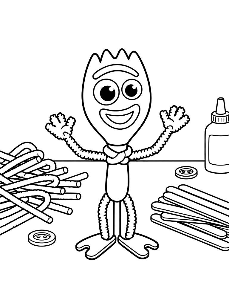 Forky From Toy Story 4 Standing In A Craft Room Surrounded By Pipe Cleaners And Popsicle Sticks Coloring Page