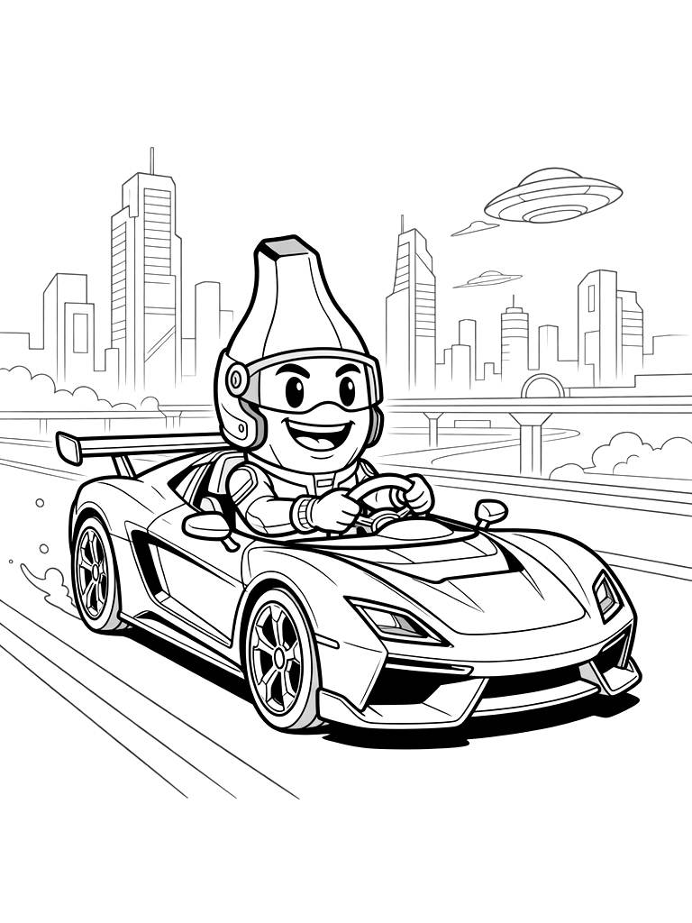 Fortnite Peely Skin Driving A Fast Sports Car Through A Futuristic City Coloring Page