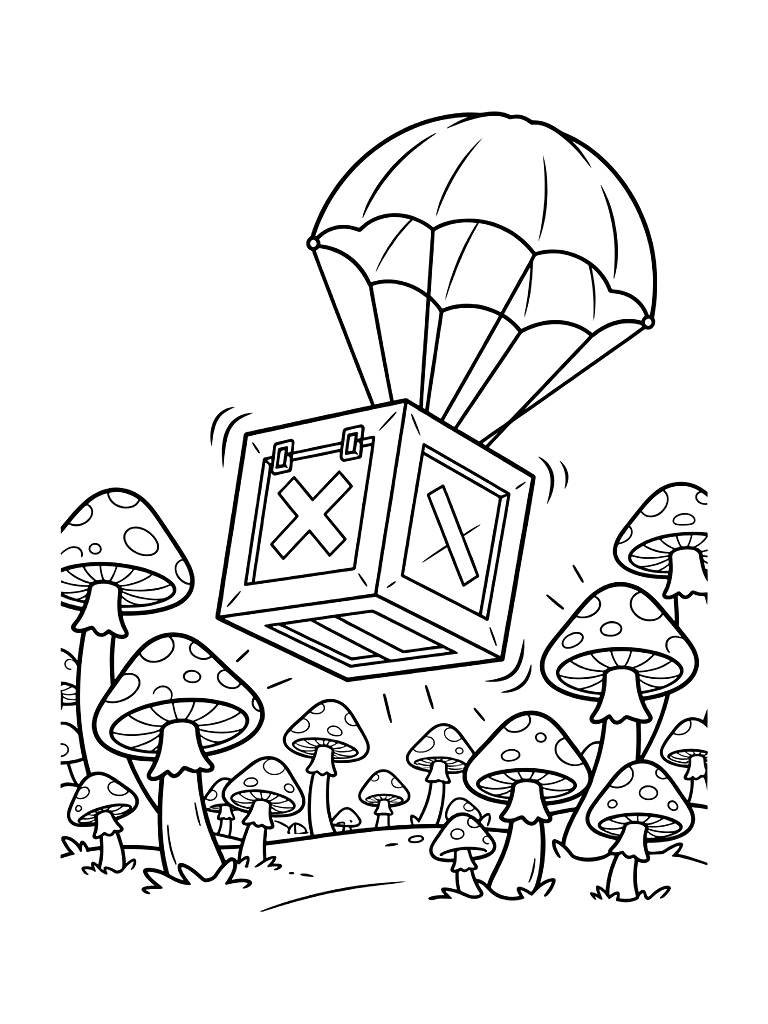 Fortnite Supply Drop Crate Landing In A Forest Of Glowing Purple Mushrooms Coloring Page
