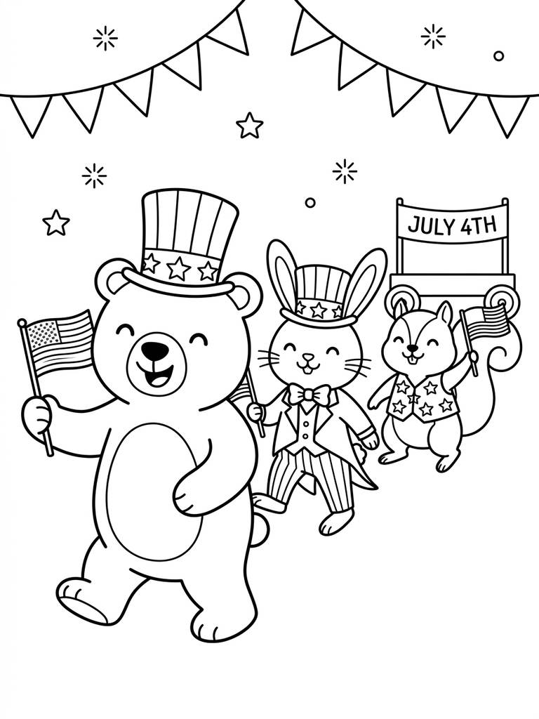 Fourth Of July Parade With Animals In Festive Costumes Coloring Page