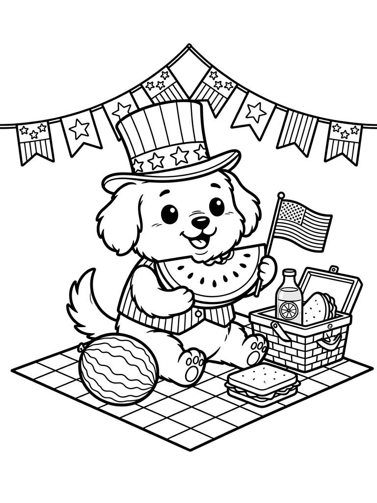 Fourth Of July Picnic With Watermelon And Patriotic Bunting Coloring Page