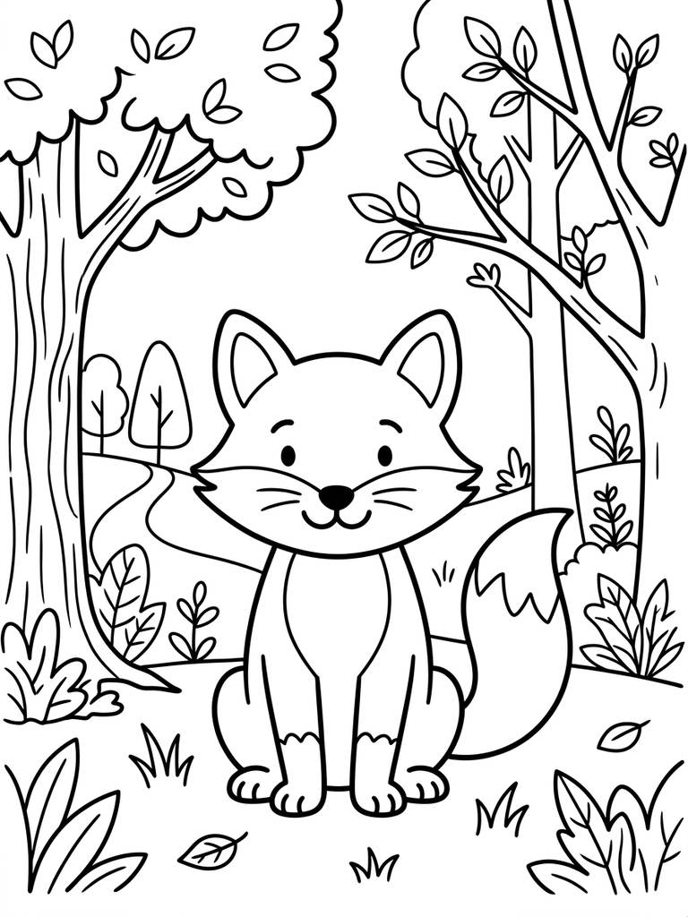 Fox Sitting In Woodland / Forest With Trees Coloring Page