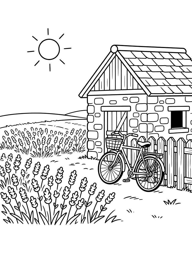 French Lavender Field With A Rustic Stone Barn And A Bicycle Leaning Against A Wooden Fence In The Sun Coloring Page
