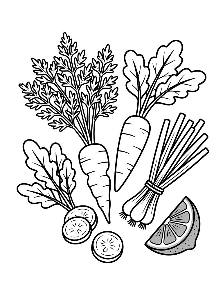 Fresh Farmers Market Flatlay Featuring Heirloom Carrots With Leafy Greens coloring page — free printable for kids and adults