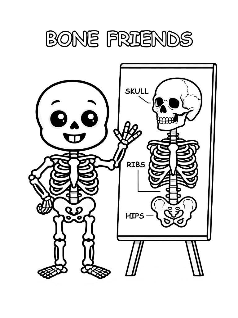 Friendly Simplified Human Skeleton Standing Next To A Chart Showing The Major Bones Like The Skull And Ribs Coloring Page