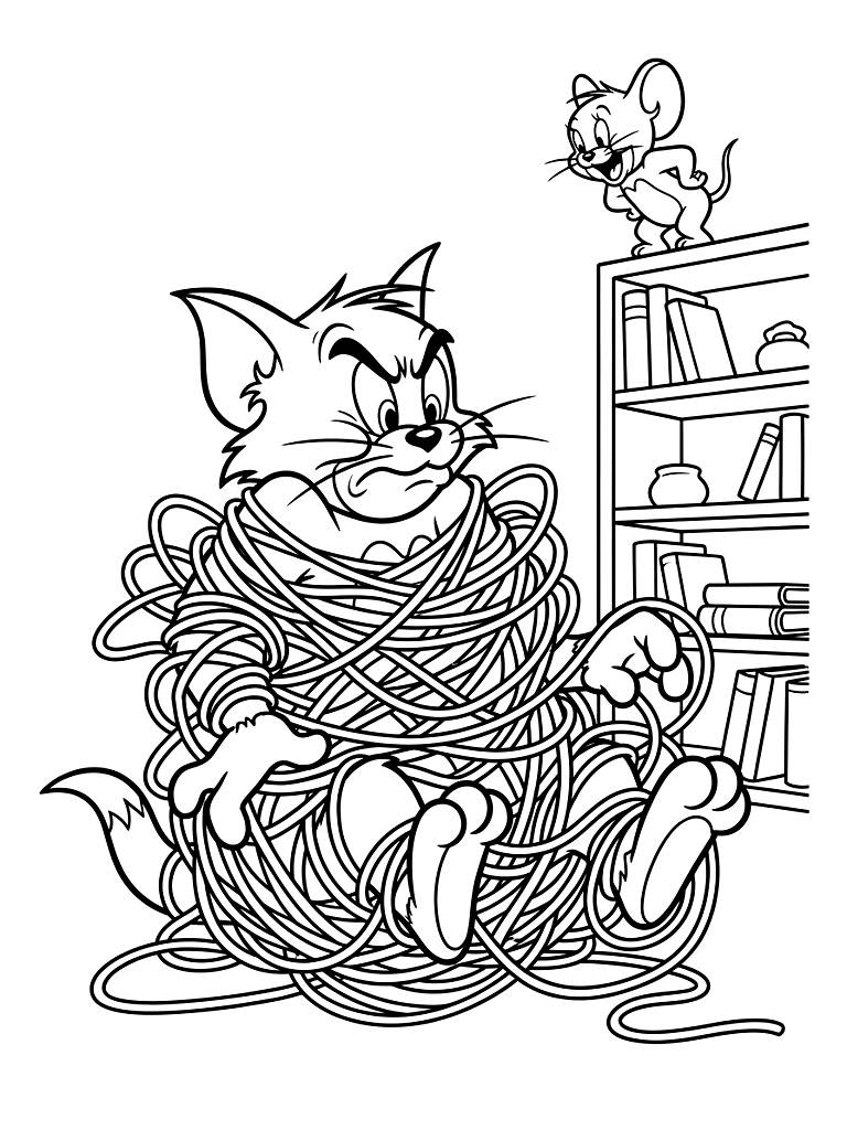 Frustrated Tom Cat Completely Tangled In A Giant Ball Of Pink Yarn While Jerry Mouse Laughs Hysterically From A Tall Bookshelf Coloring Page