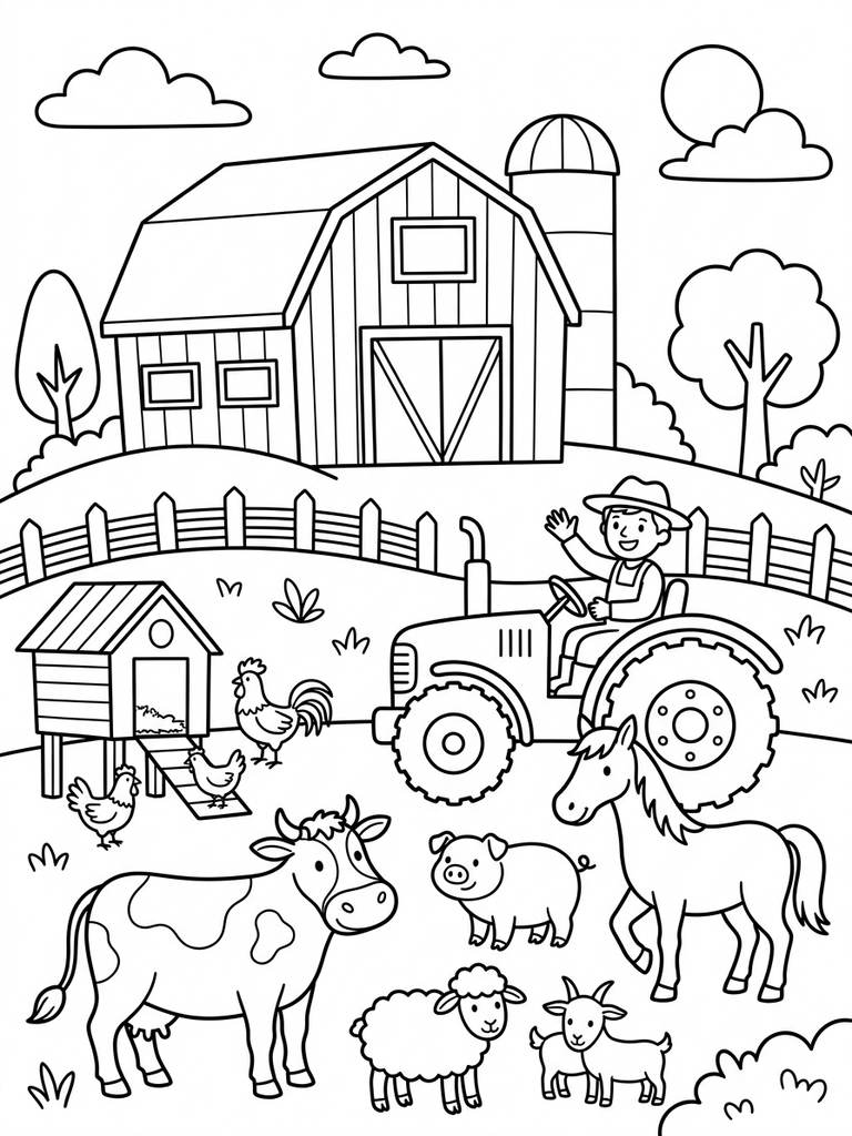 Full Farm Scene With Barn Coloring Page