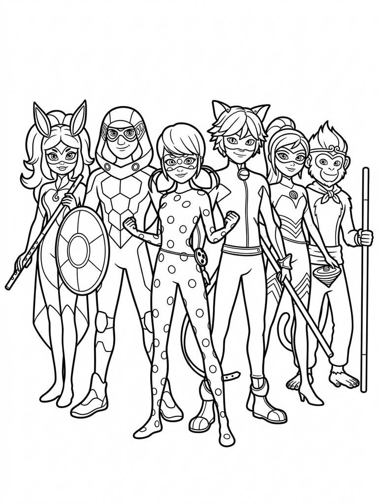 Full Miraculous Team / Kwami Or Heroes Group Coloring Page