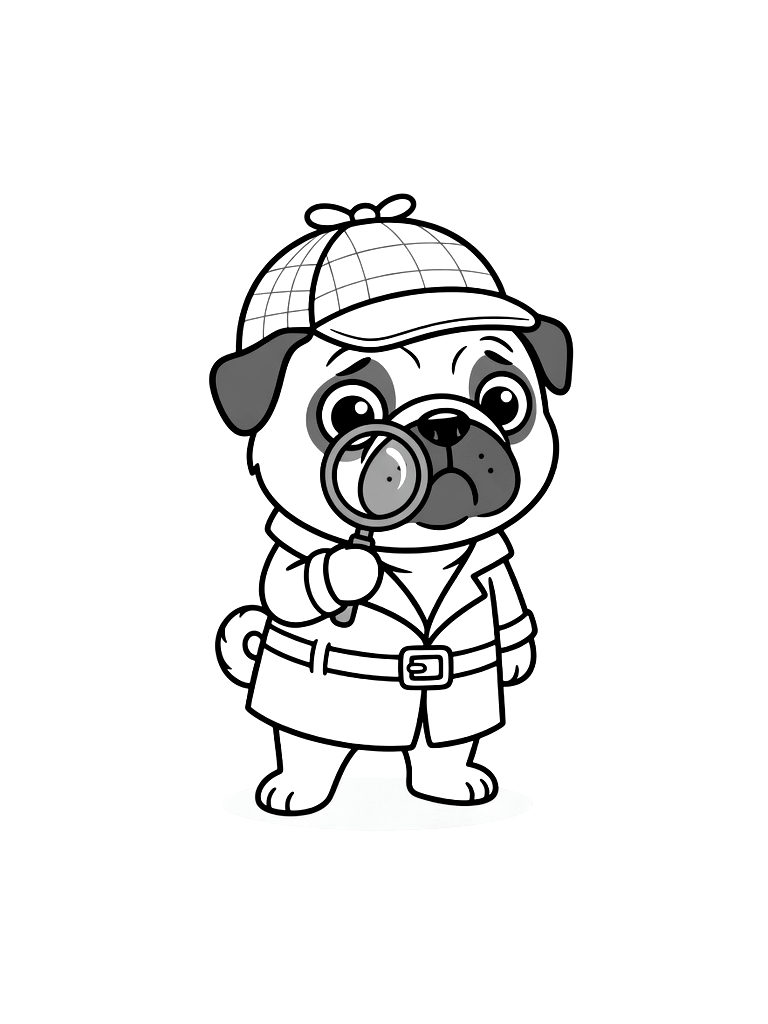 Funny Pug Wearing A Detective Outfit With A Magnifying Glass And A Deerstalker Hat Coloring Page
