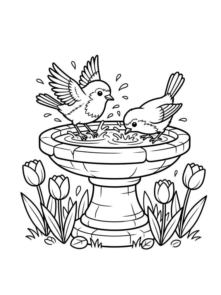 Garden Birdbath Made Of Stone With A Pair Of Robins Splashing In The Water Surrounded By Blooming Tulips Coloring Page
