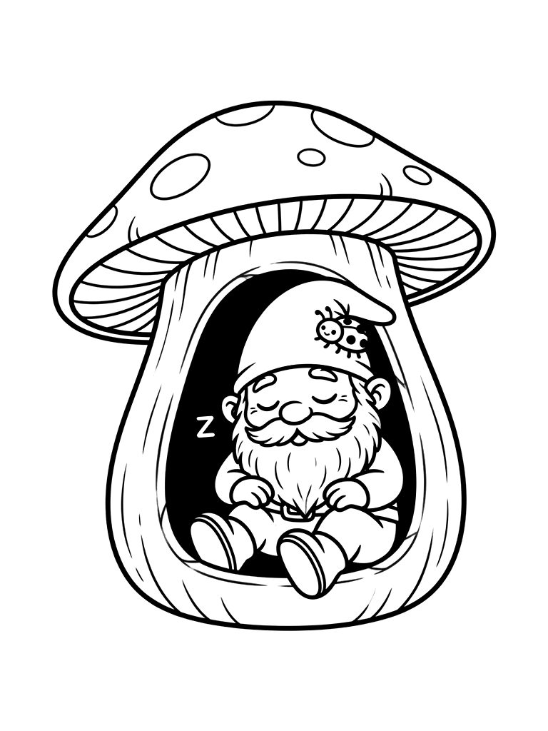 Garden Gnome Napping Inside A Hollowed-out Mushroom Stem With A Ladybug On His Hat Coloring Page