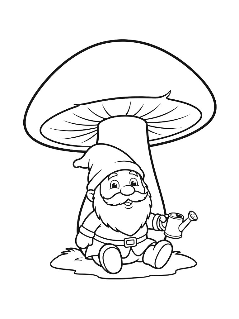 Garden Gnome Under Giant Mushroom Coloring Page