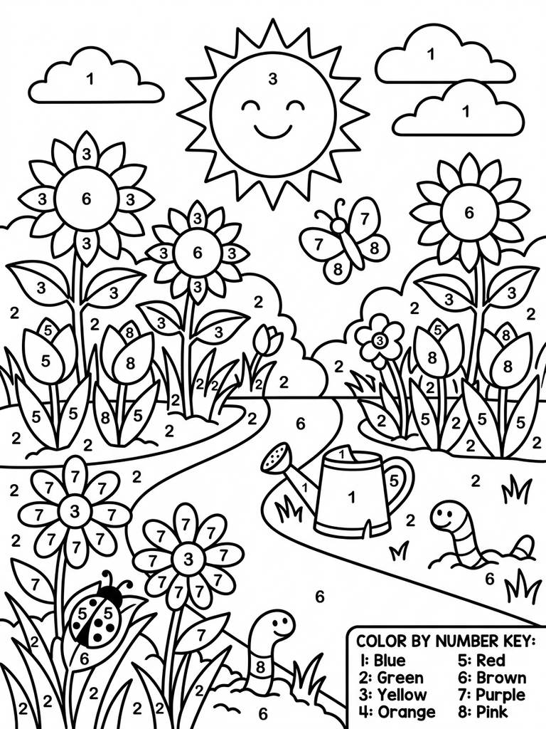 Garden Scene Color By Number Coloring Page