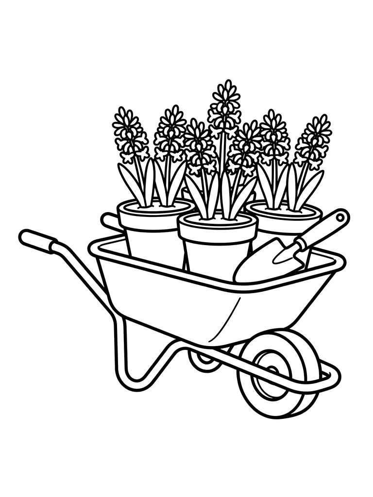 Garden Wheelbarrow Filled With Terracotta Pots Of Hyacinths And A Metal Trowel Coloring Page — free printable for kids and adults