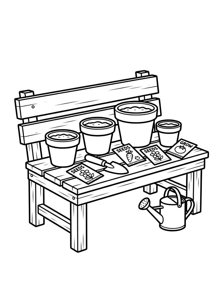 Gardening Bench With Terracotta Pots Coloring Page