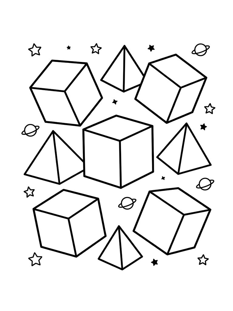 Geometric Composition Of 3D Cubes And Pyramids Floating In A Space-like Background With Stars Coloring Page