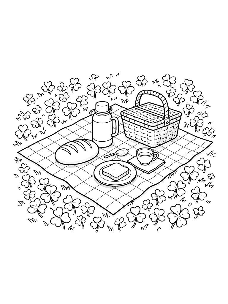 Ghibli-style Picnic Spread With A Loaf Of Bread And A Thermos In A Clover Field Coloring Page